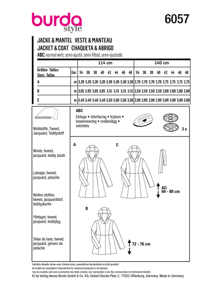 Patron Burda 6057 - Manteau, veste avec découpes et capuche