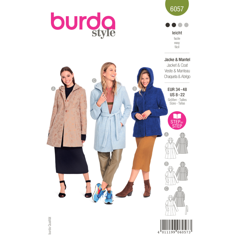 Patron Burda 6057 - Manteau, veste avec découpes et capuche