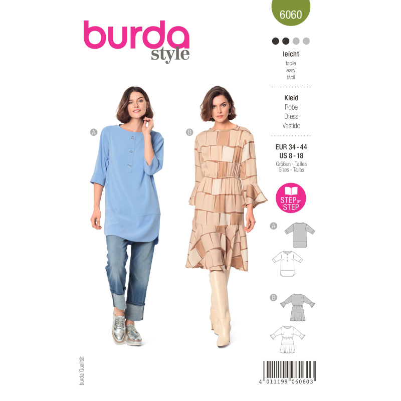 Patron Burda 6060 - Tunique femme avec parements et fentes arrondies / robe à volants et coulisse élastiquée à la taille