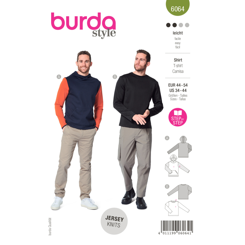 Patron Burda 6064 - Sweatshirt Homme classique avec capuche ou bordure d'encolure