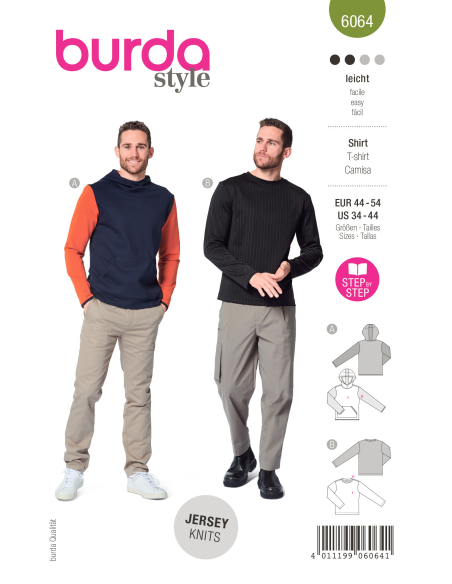 Patron Burda 6064 - Sweatshirt Homme classique avec capuche ou bordure d'encolure