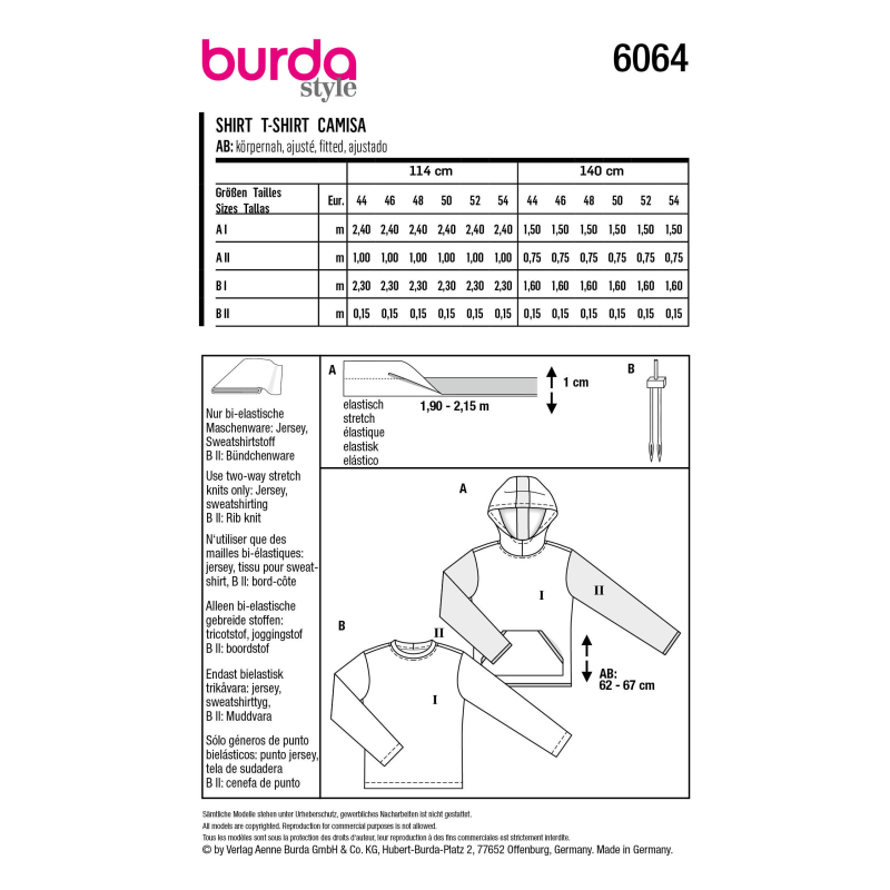 Patron Burda 6064 - Sweatshirt Homme classique avec capuche ou bordure d'encolure