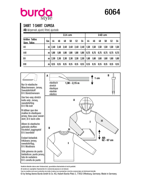 Patron Burda 6064 - Sweatshirt Homme classique avec capuche ou bordure d'encolure