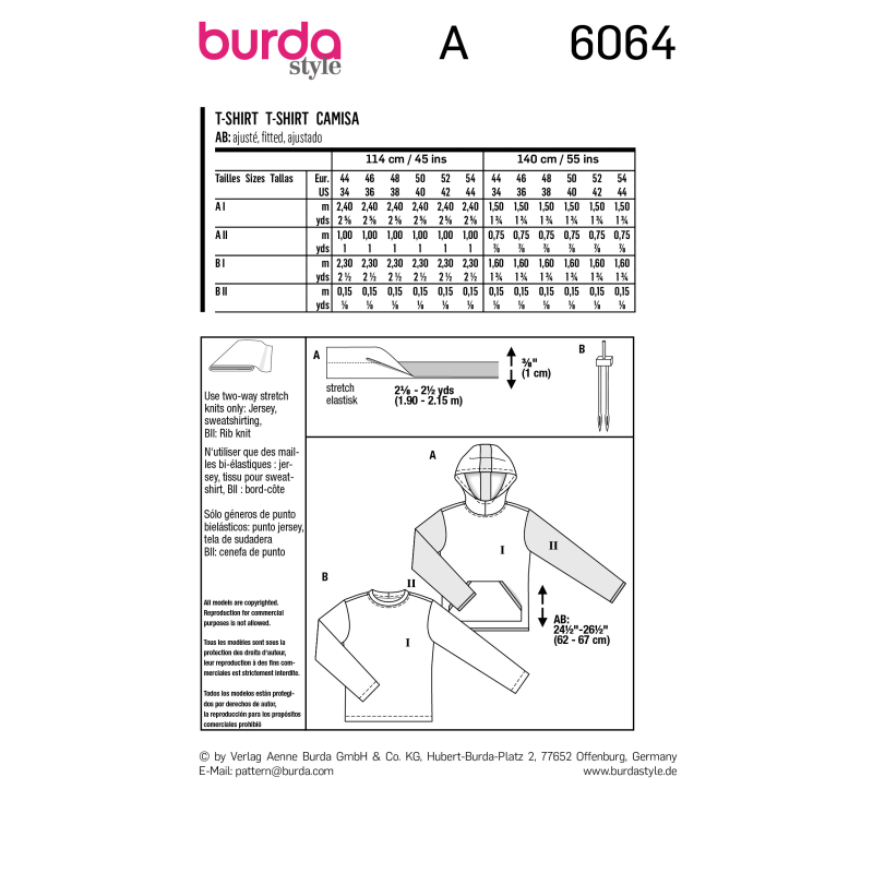 Patron Burda 6064 - Sweatshirt Homme classique avec capuche ou bordure d'encolure