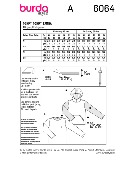 Patron Burda 6064 - Sweatshirt Homme classique avec capuche ou bordure d'encolure