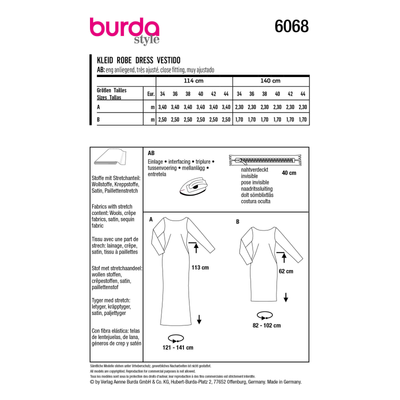 Patron Burda 6068- Robe, robe de soirée – silhouette ajustée