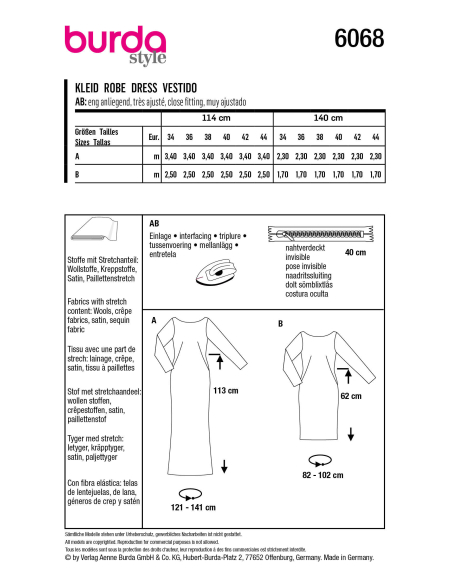 Patron Burda 6068- Robe, robe de soirée – silhouette ajustée