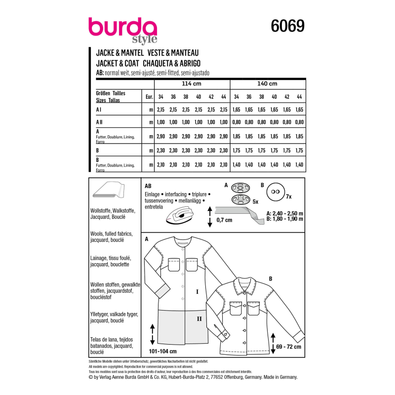 Patron Burda 6069 - Manteau, veste – poches plaquées – surchemise