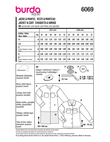 Patron Burda 6069 - Manteau, veste – poches plaquées – surchemise