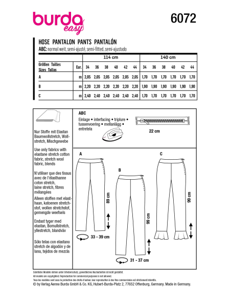 Patron Burda 6072 - Pantalons de forme étroite avec fermeture à glissière latérale