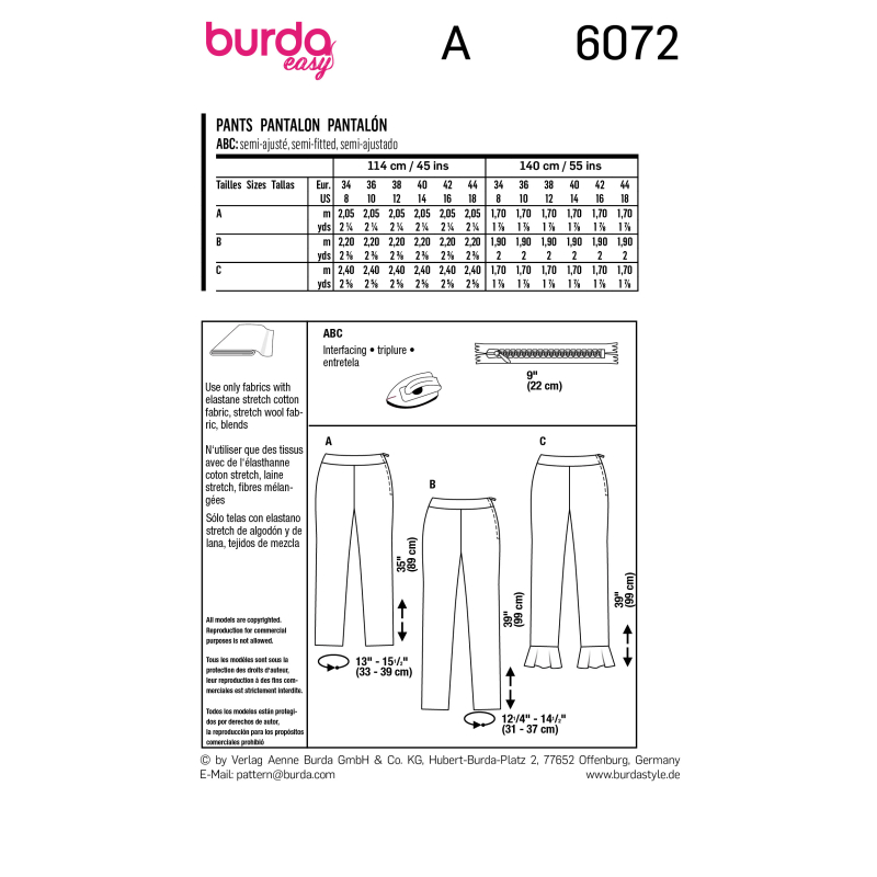 Patron Burda 6072 - Pantalons de forme étroite avec fermeture à glissière latérale