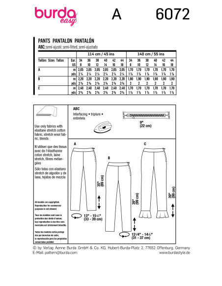 Patron Burda 6072 - Pantalons de forme étroite avec fermeture à glissière latérale