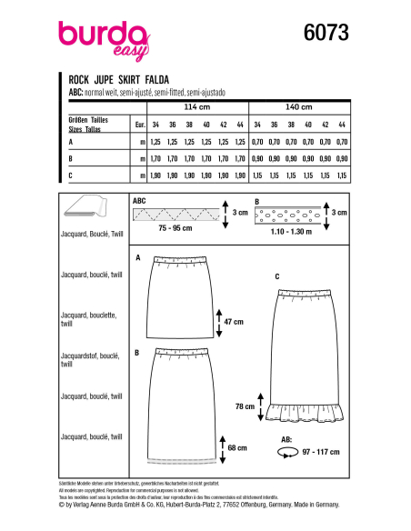 Patron Burda 6073 - Jupe en trois longueurs avec ceinture élastiquée, forme ajustée