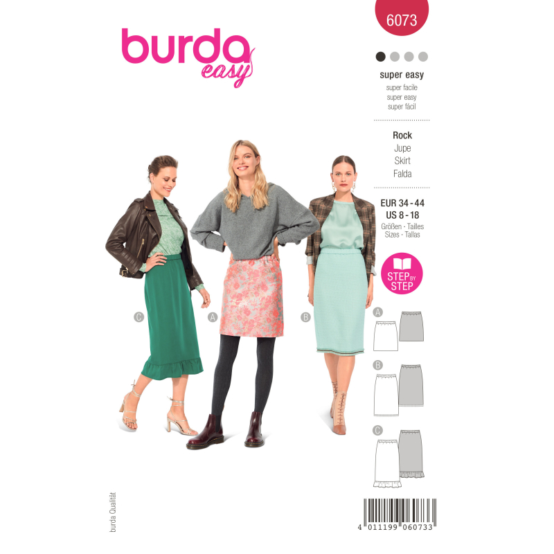 Patron Burda 6073 - Jupe en trois longueurs avec ceinture élastiquée, forme ajustée