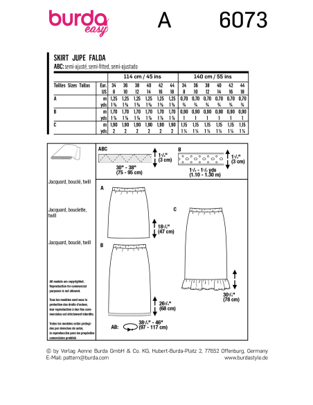 Patron Burda 6073 - Jupe en trois longueurs avec ceinture élastiquée, forme ajustée