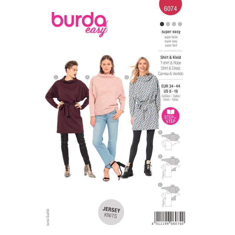 Patron Burda 6074 - T-shirt, robe – à col roulé ample