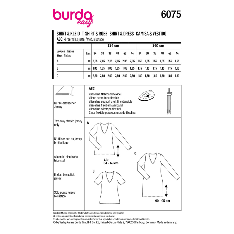 Patron Burda 6075 - T-shirt, robe – forme droite avec encolure en V