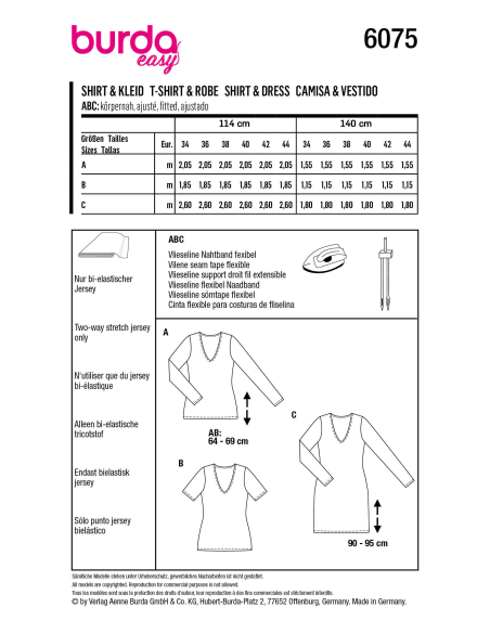 Patron Burda 6075 - T-shirt, robe – forme droite avec encolure en V