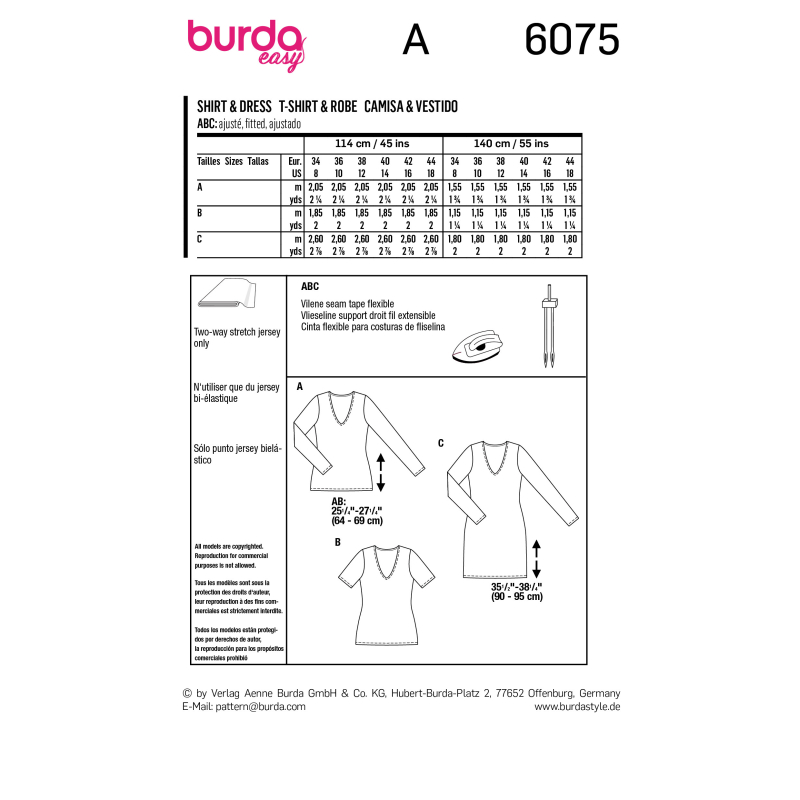 Patron Burda 6075 - T-shirt, robe – forme droite avec encolure en V