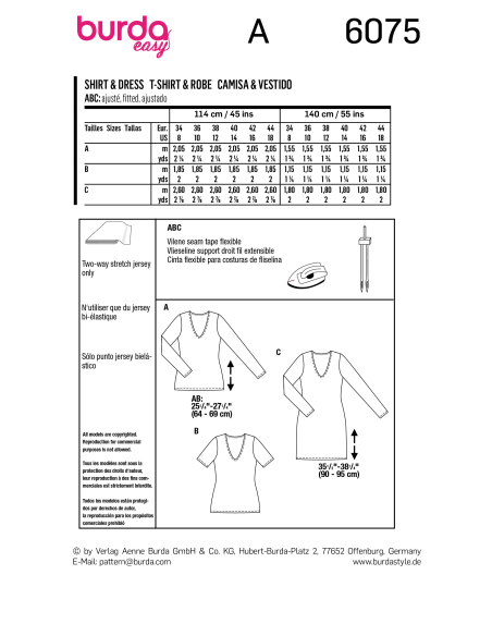 Patron Burda 6075 - T-shirt, robe – forme droite avec encolure en V
