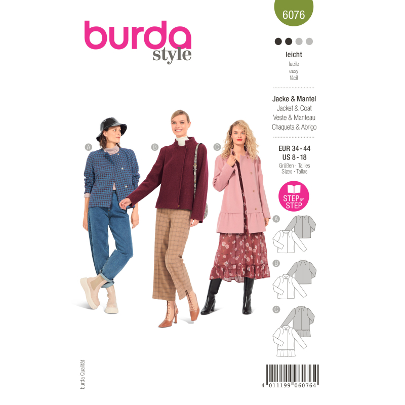 Patron Burda 6076 - Veste, manteau – sans col ou à col droit