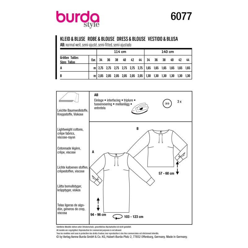 Patron Burda 6077 - Robe et blouse dans une coupe droite avec poignets