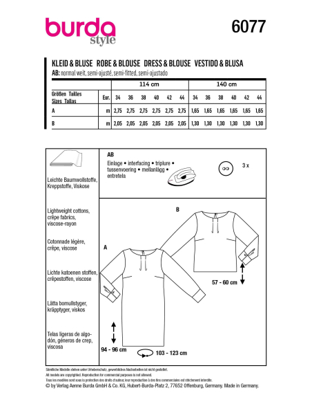 Patron Burda 6077 - Robe et blouse dans une coupe droite avec poignets