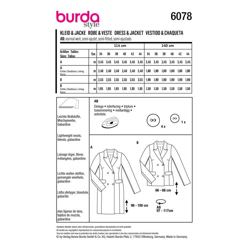 Patron Burda 6078 - Robe blazer et veste – croisée avec revers