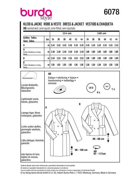 Patron Burda 6078 - Robe blazer et veste – croisée avec revers