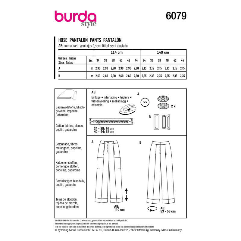 Patron Burda 6079 - Pantalon avec pinces et ceinture en forme