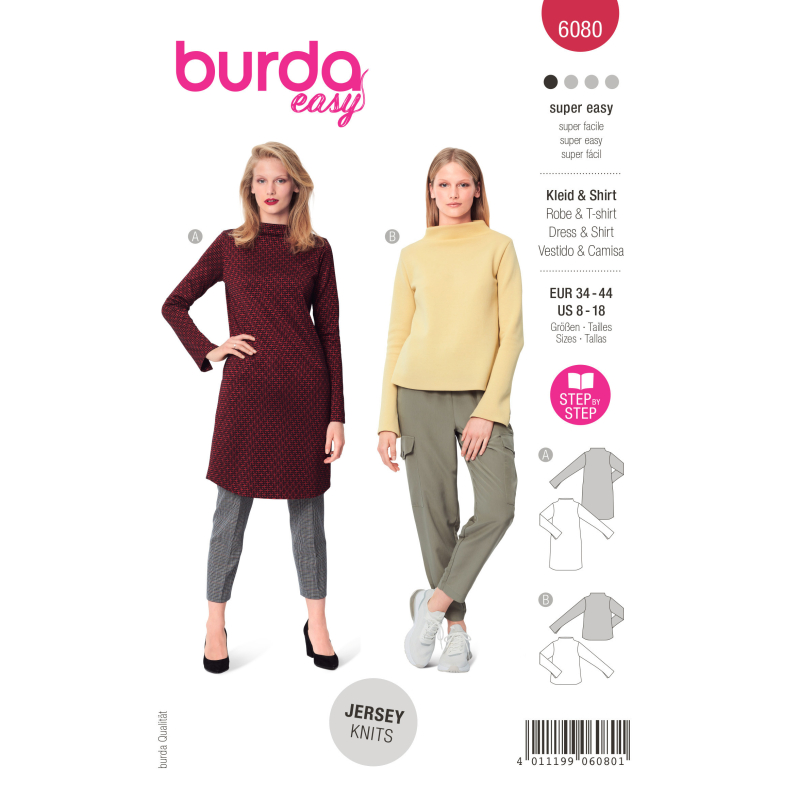 Patron Burda 6080 - Robe, t-shirt avec col intégré au devant et au dos