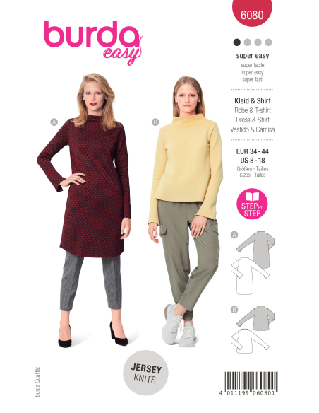 Patron Burda 6080 - Robe, t-shirt avec col intégré au devant et au dos
