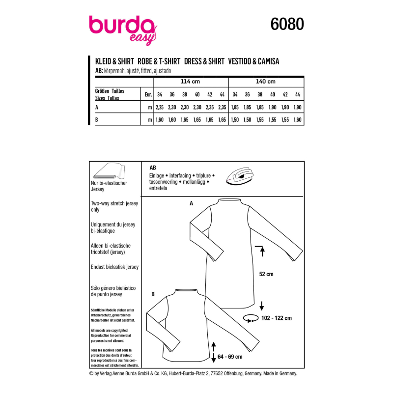 Patron Burda 6080 - Robe, t-shirt avec col intégré au devant et au dos
