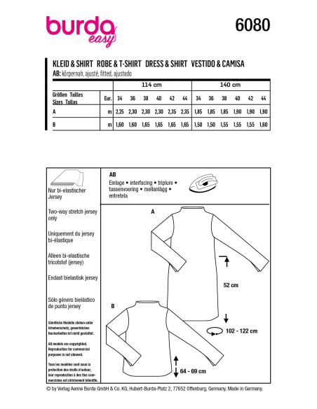 Patron Burda 6080 - Robe, t-shirt avec col intégré au devant et au dos