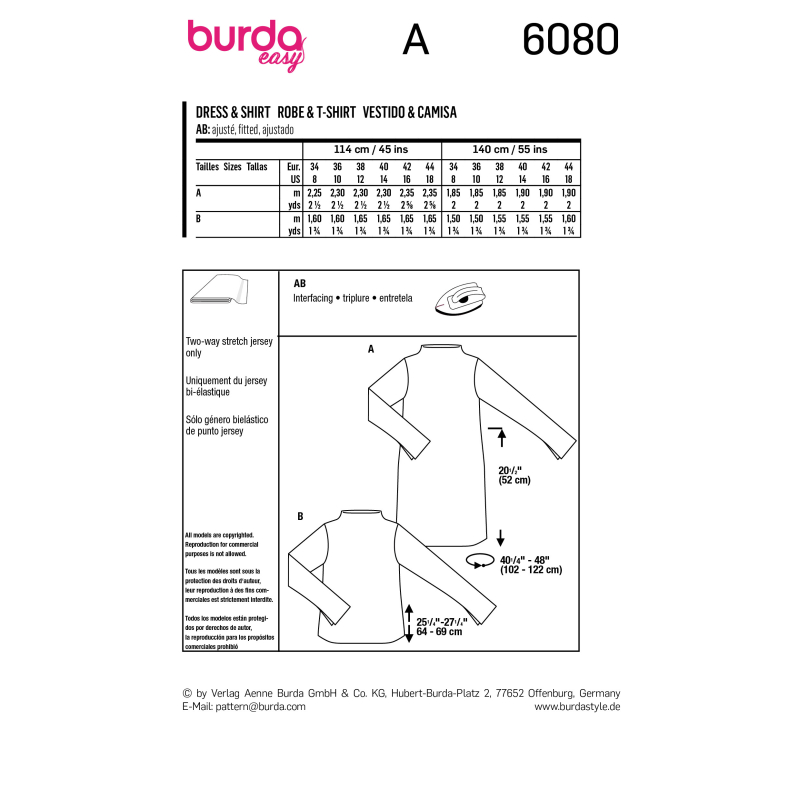 Patron Burda 6080 - Robe, t-shirt avec col intégré au devant et au dos