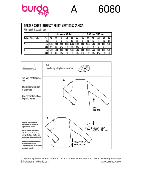 Patron Burda 6080 - Robe, t-shirt avec col intégré au devant et au dos