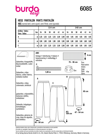 Patron Burda 6085 - Pantalon à ceinture élastique et jambes droites