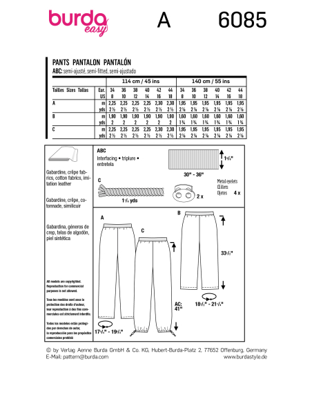 Patron Burda 6085 - Pantalon à ceinture élastique et jambes droites