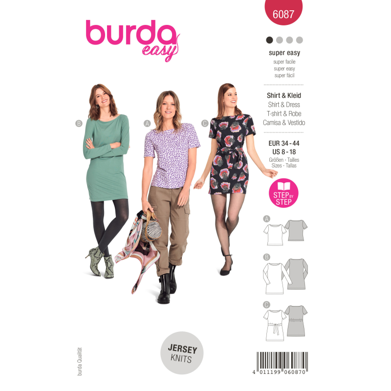 Patron Burda 6087 - T-Shirt, robe – près du corps avec encolure bateau