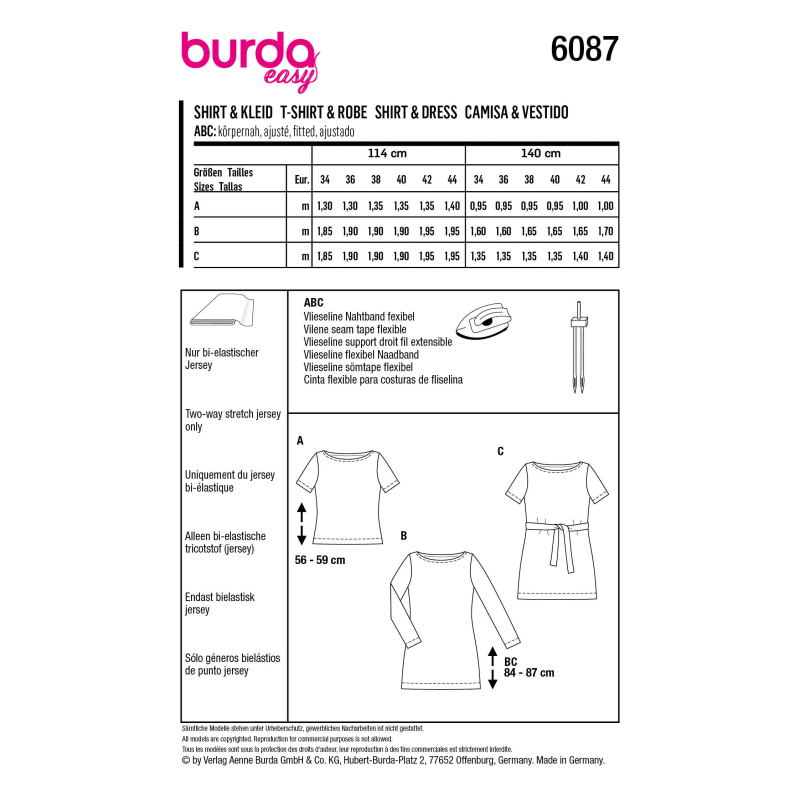 Patron Burda 6087 - T-Shirt, robe – près du corps avec encolure bateau