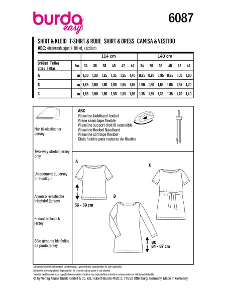 Patron Burda 6087 - T-Shirt, robe – près du corps avec encolure bateau