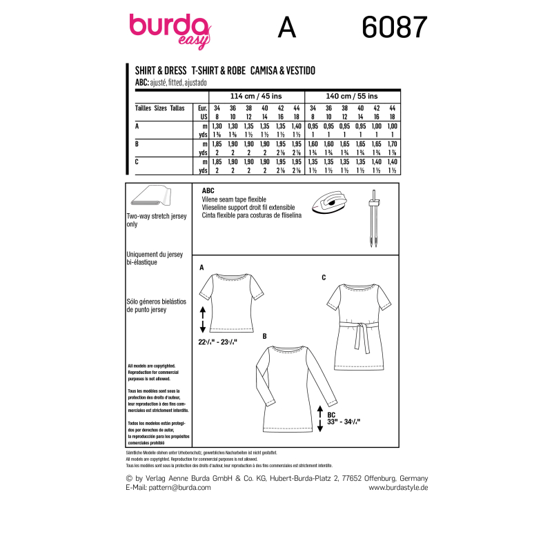 Patron Burda 6087 - T-Shirt, robe – près du corps avec encolure bateau