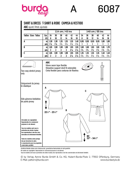 Patron Burda 6087 - T-Shirt, robe – près du corps avec encolure bateau