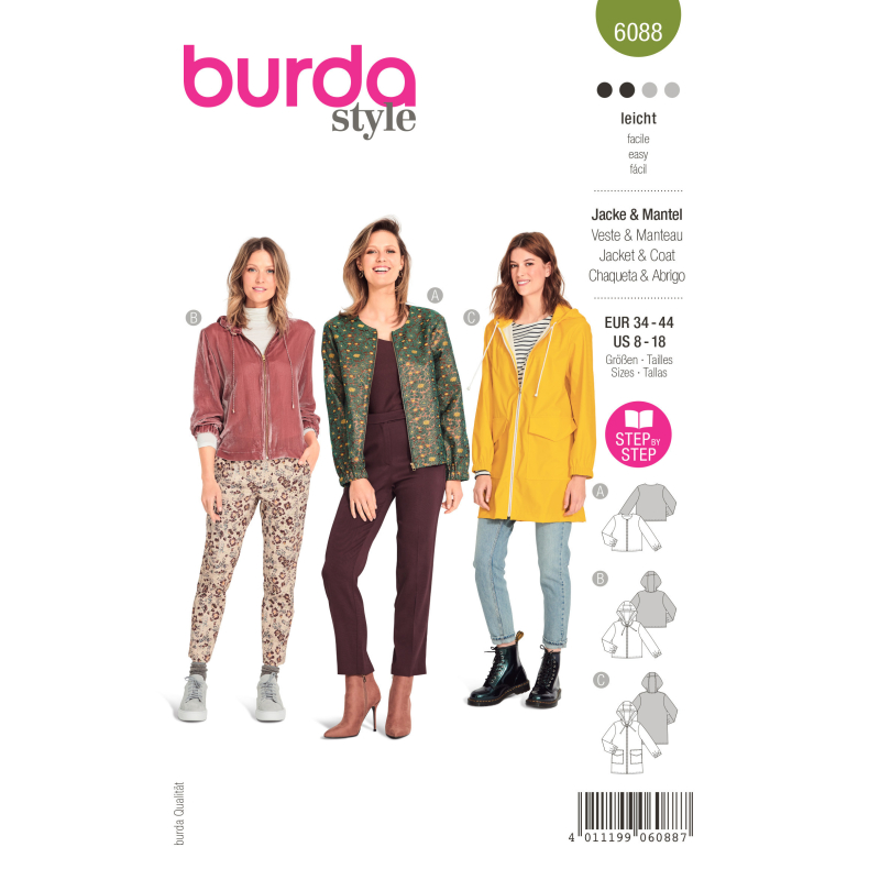 Patron Burda 6088- Vestes, manteau – sportifs avec fermeture à glissière