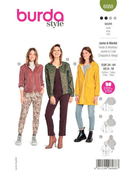 Patron Burda 6088- Vestes, manteau – sportifs avec fermeture à glissière