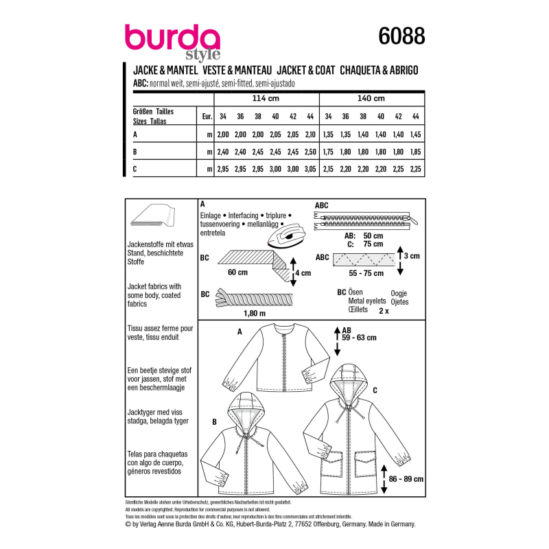 Patron Burda 6088- Vestes, manteau – sportifs avec fermeture à glissière