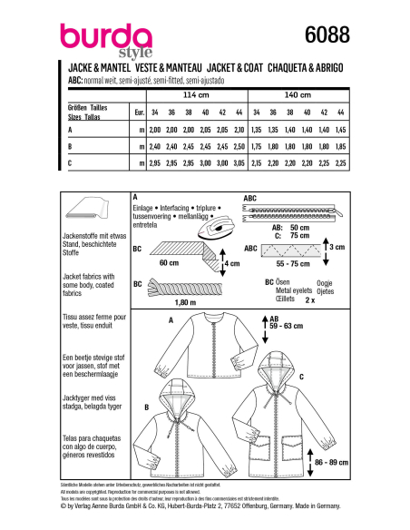 Patron Burda 6088- Vestes, manteau – sportifs avec fermeture à glissière