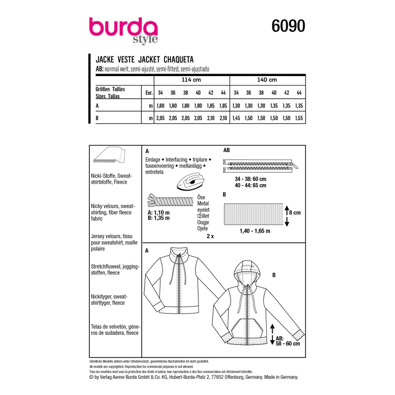 Patron Burda 6090- Veste sweat-shirt avec fermeture à glissière