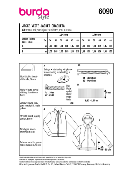 Patron Burda 6090- Veste sweat-shirt avec fermeture à glissière