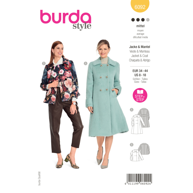 Patron Burda 6092 - Manteau, veste – double boutonnage avec grand col